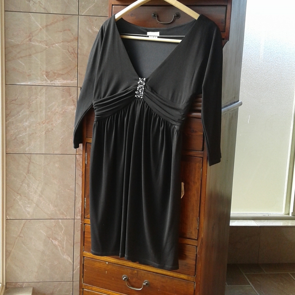 London Times black dress with brooch embellishment